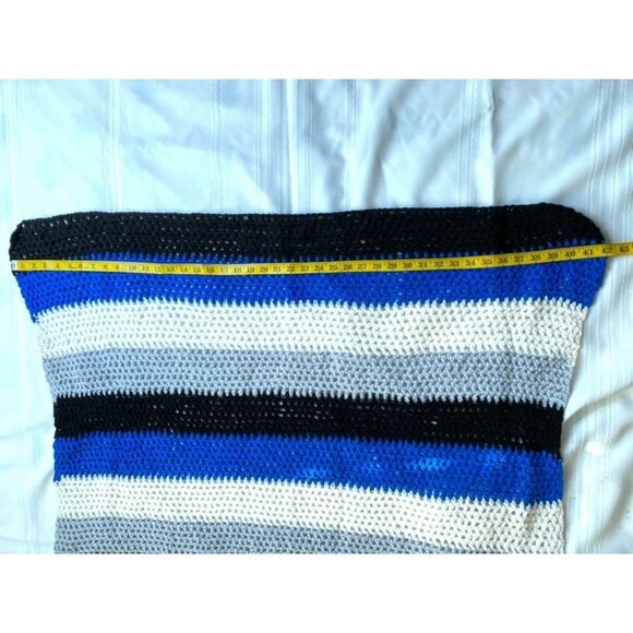 Vintage 70s Hand Crocheted Afghan Lap Throw Baby Blanket Blue Striped 80s‎ Boho - Picture 3 of 9